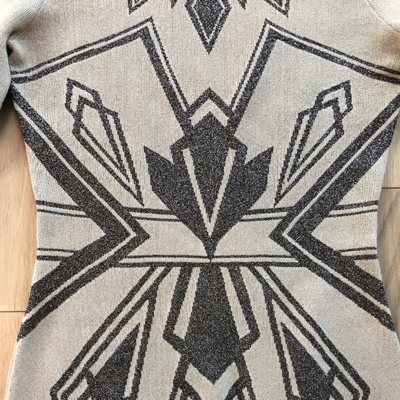 ALICE BY TEMPERLY “Ritz” Art Deco Beige & Bronze Shimmer Geometric Print Dress M - Picture 2 of 14